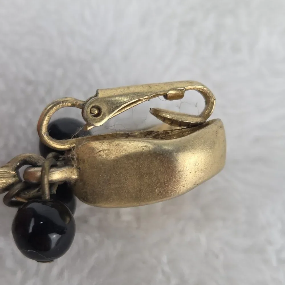 Vintage Black Bead Gold Tone Leaf Dangle Clip On Earrings 1.75
